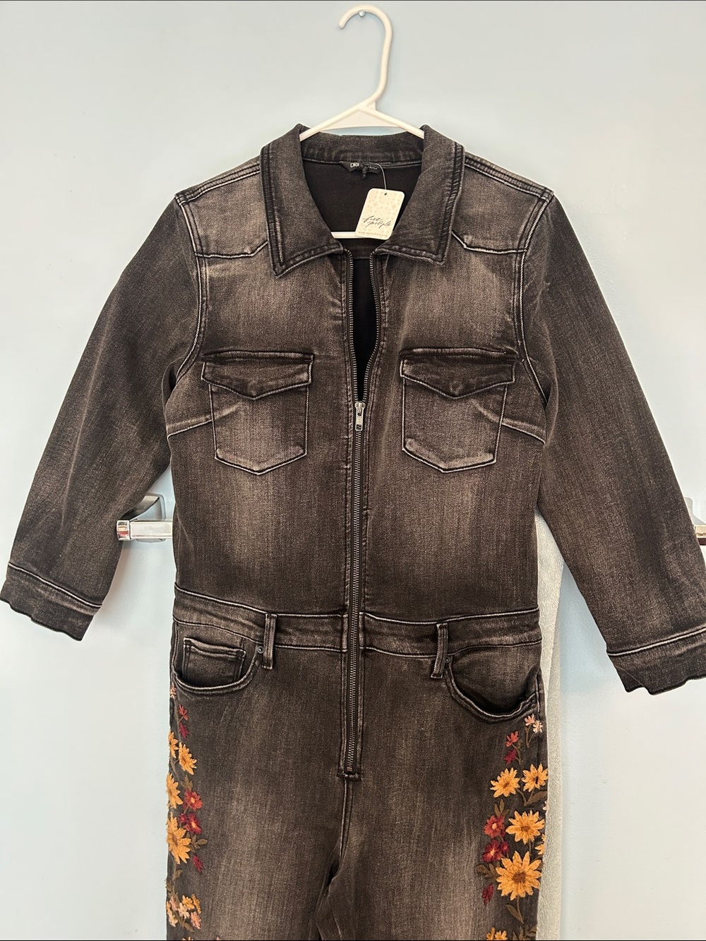 Free People Driftwood Black Embroidered Floral Sun Flower Denim Jumpsuit - Picture 3 of 9